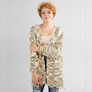 BKE‎ Chenille Open Front Earthy Multicolor Distressed Hem Cardigan Size L
